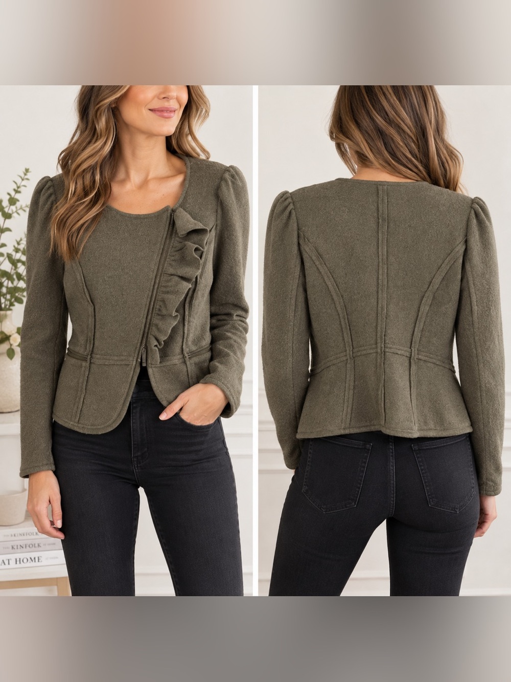 BCBG Paris Olive Green Ruffle Asymmetrical Zip Jacket Size M